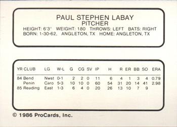 1986 ProCards Reading Phillies #13 Steve Labay Back