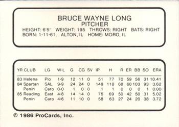 1986 ProCards Reading Phillies #15 Bruce Long Back