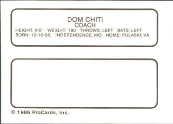 1986 ProCards Rochester Red Wings #NNO Dom Chiti Back