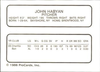 1986 ProCards Rochester Red Wings #NNO John Habyan Back