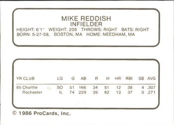 1986 ProCards Rochester Red Wings #NNO Mike Reddish Back