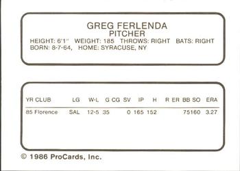 1986 ProCards Salem Red Birds #9 Greg Ferlenda Back