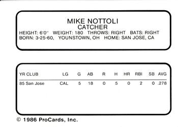 1986 ProCards San Jose Bees #15 Mike Nittoli Back