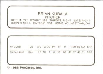 1986 ProCards San Jose Bees #11 Brian Kubala Back