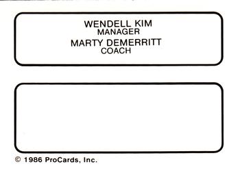 1986 ProCards Shreveport Captains #14 Wendell Kim / Marty DeMerritt Back