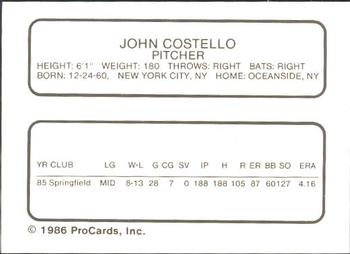 1986 ProCards St. Petersburg Cardinals #7 John Costello Back
