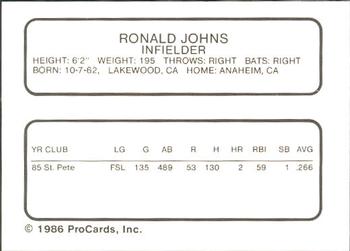 1986 ProCards St. Petersburg Cardinals #15 Ronald Johns Back