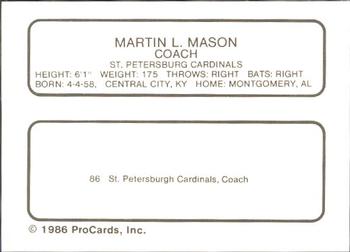 1986 ProCards St. Petersburg Cardinals #18 Martin L. Mason Back