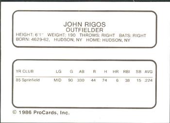 1986 ProCards St. Petersburg Cardinals #27 John Rigos Back