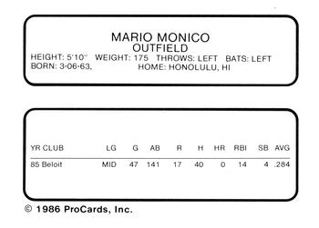 1986 ProCards Stockton Ports #17 Mario Monico Back