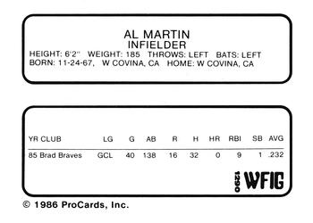 1986 ProCards Sumter Braves #17 Al Martin Back