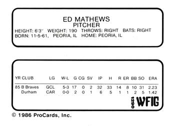 1986 ProCards Sumter Braves #18 Ed Mathews Back