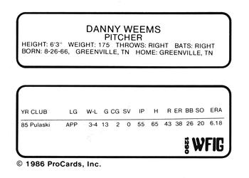 1986 ProCards Sumter Braves #29 Danny Weems Back