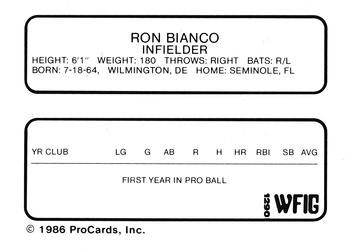 1986 ProCards Sumter Braves #3 Ron Bianco Back