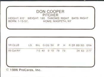 1986 ProCards Syracuse Chiefs #NNO Don Cooper Back
