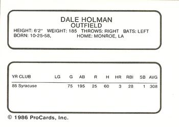 1986 ProCards Syracuse Chiefs #NNO Dale Holman Back
