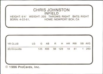 1986 ProCards Syracuse Chiefs #NNO Chris Johnston Back