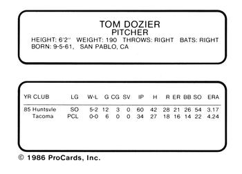 1986 ProCards Tacoma Tigers #4 Tom Dozier Back