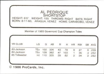 1986 ProCards Tidewater Tides (Mets Logo) #NNO Al Pedrique Back