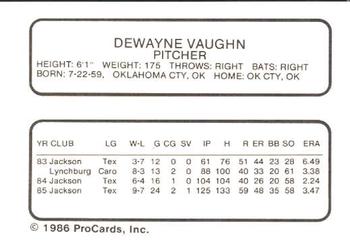 1986 ProCards Tidewater Tides (Mets Logo) #NNO DeWayne Vaughn Back