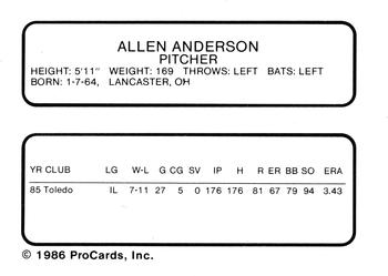 1986 ProCards Toledo Mud Hens #1 Allan Anderson Back