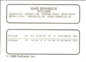 1986 ProCards Vancouver Canadians #3 Mike Birkbeck Back