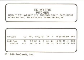 1986 ProCards Vancouver Canadians #18 Ed Myers Back