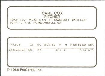 1986 ProCards Vero Beach Dodgers #4 Carl Cox Back