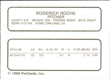 1986 ProCards Vero Beach Dodgers #20 Rod Roche Back