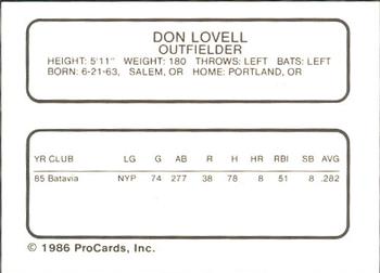 1986 ProCards Waterbury Indians #15 Don Lovell Back