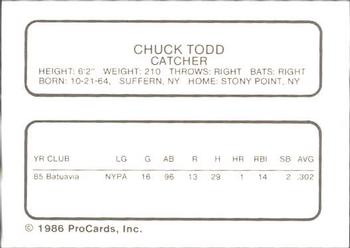 1986 ProCards Waterloo Indians #28 Chuck Todd Back