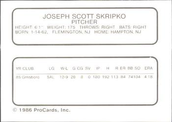 1986 ProCards Winter Haven Red Sox #NNO Scott Skripko Back