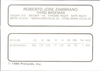 1986 ProCards Winter Haven Red Sox #NNO Robert Zambrano Back