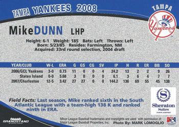 2008 Grandstand Tampa Yankees #10 Mike Dunn Back