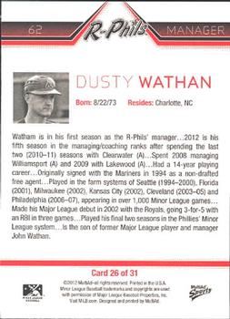 2012 MultiAd Reading Phillies #26 Dusty Wathan Back