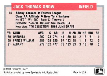 1991-92 ProCards Tomorrow's Heroes #114 J.T. Snow Back