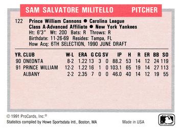 1991-92 ProCards Tomorrow's Heroes #122 Sam Militello Back