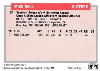 1991-92 ProCards Tomorrow's Heroes #135 Mike Neill Back