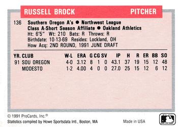 1991-92 ProCards Tomorrow's Heroes #136 Russ Brock Back