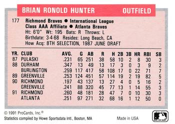 1991-92 ProCards Tomorrow's Heroes #177 Brian Hunter Back