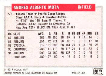 1991-92 ProCards Tomorrow's Heroes #222 Andy Mota Back