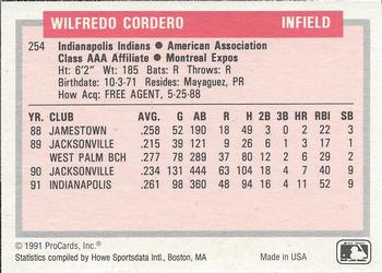 1991-92 ProCards Tomorrow's Heroes #254 Wilfredo Cordero Back