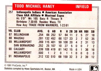 1991-92 ProCards Tomorrow's Heroes #257 Todd Haney Back