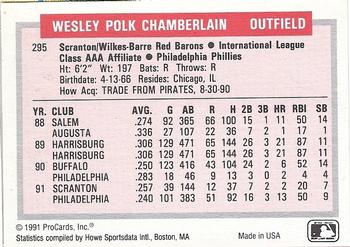 1991-92 ProCards Tomorrow's Heroes #295 Wes Chamberlain Back