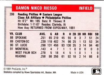 1991-92 ProCards Tomorrow's Heroes #298 Nikco Riesgo Back