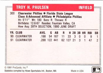 1991-92 ProCards Tomorrow's Heroes #300 Troy Paulsen Back