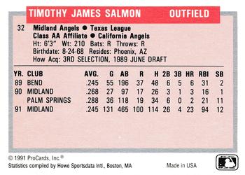 1991-92 ProCards Tomorrow's Heroes #32 Tim Salmon Back