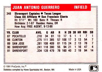 1991-92 ProCards Tomorrow's Heroes #348 Juan Guerrero Back