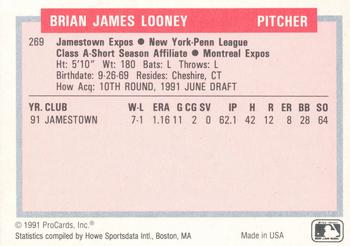 1991-92 ProCards Tomorrow's Heroes #269 Brian Looney Back
