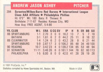 1991-92 ProCards Tomorrow's Heroes #294 Andy Ashby Back
